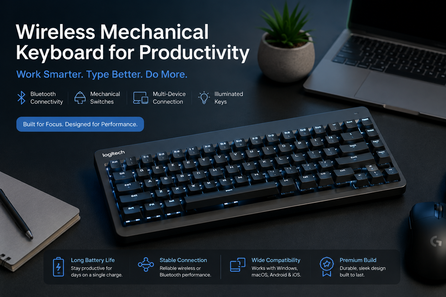 Logitech MX Mechanical Wireless Illuminated Performance Keyboard with Free Adobe Subscription, Linear Switches, Backlit Keys, Bluetooth, USB-C